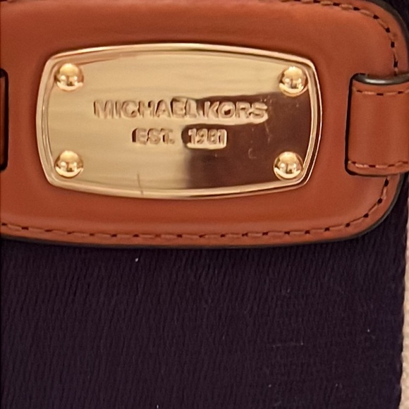 Michael Kors Hamilton Bag Large Blue Stripe Satchel Creme Leather Trim - Picture 2 of 13